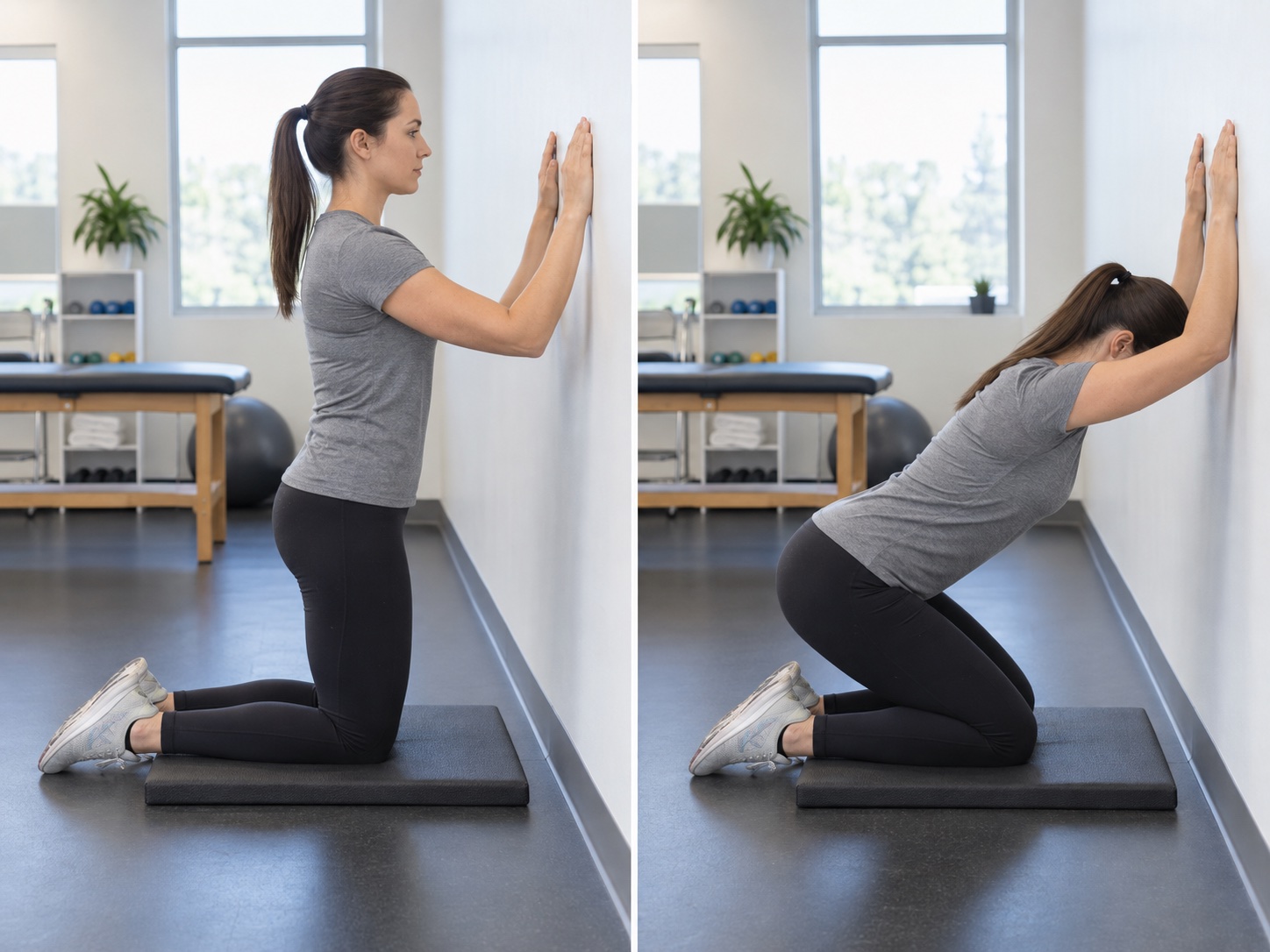 Tall-Kneeling Thoracic Extension at Wall: start and finish positions