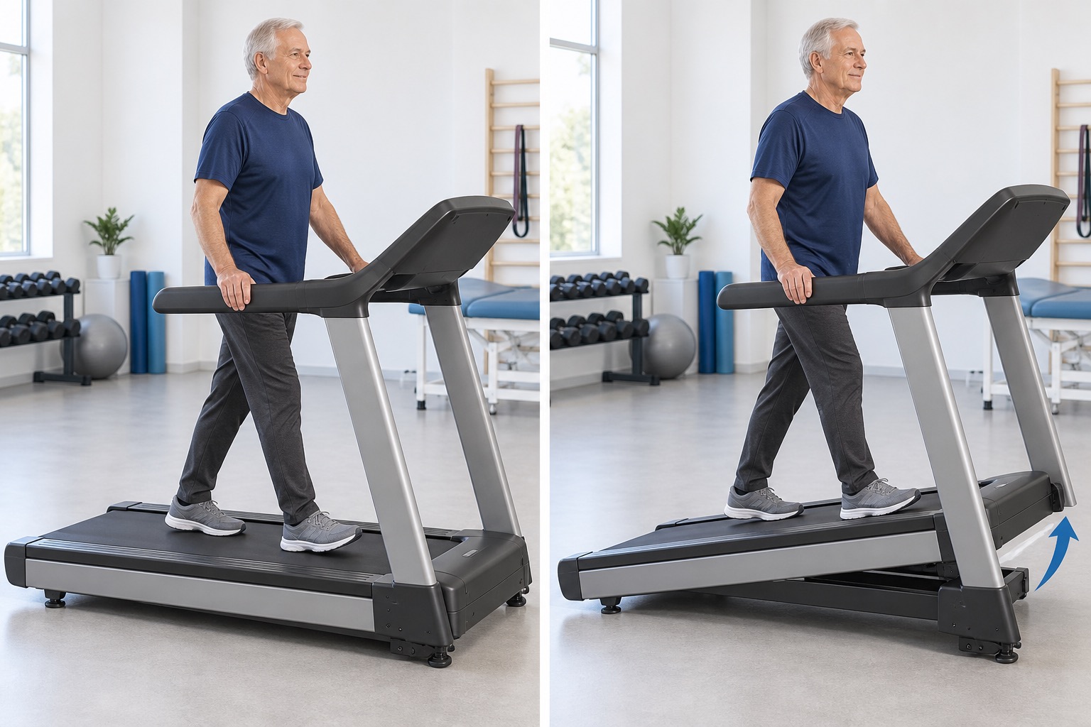 Treadmill Incline Walking: start and finish positions