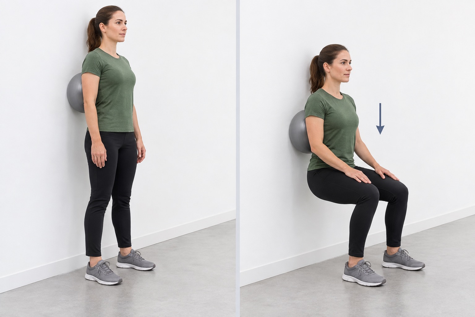 Wall Ball Squat Hold V1: start and finish positions