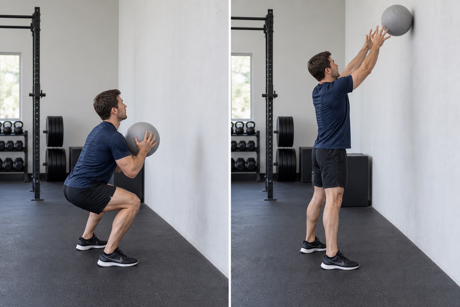 Wall Ball Squat Press: start and finish positions