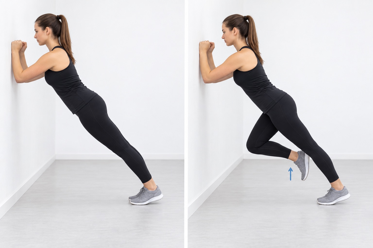Wall Plank Knee Drive: start and finish positions