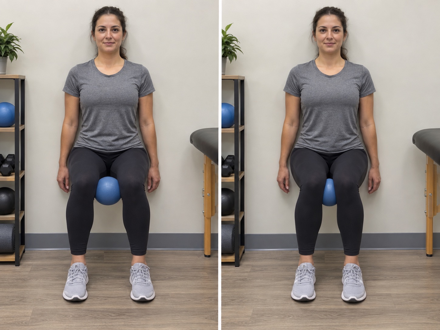 Wall Sit with Ball Squeeze: start and finish positions