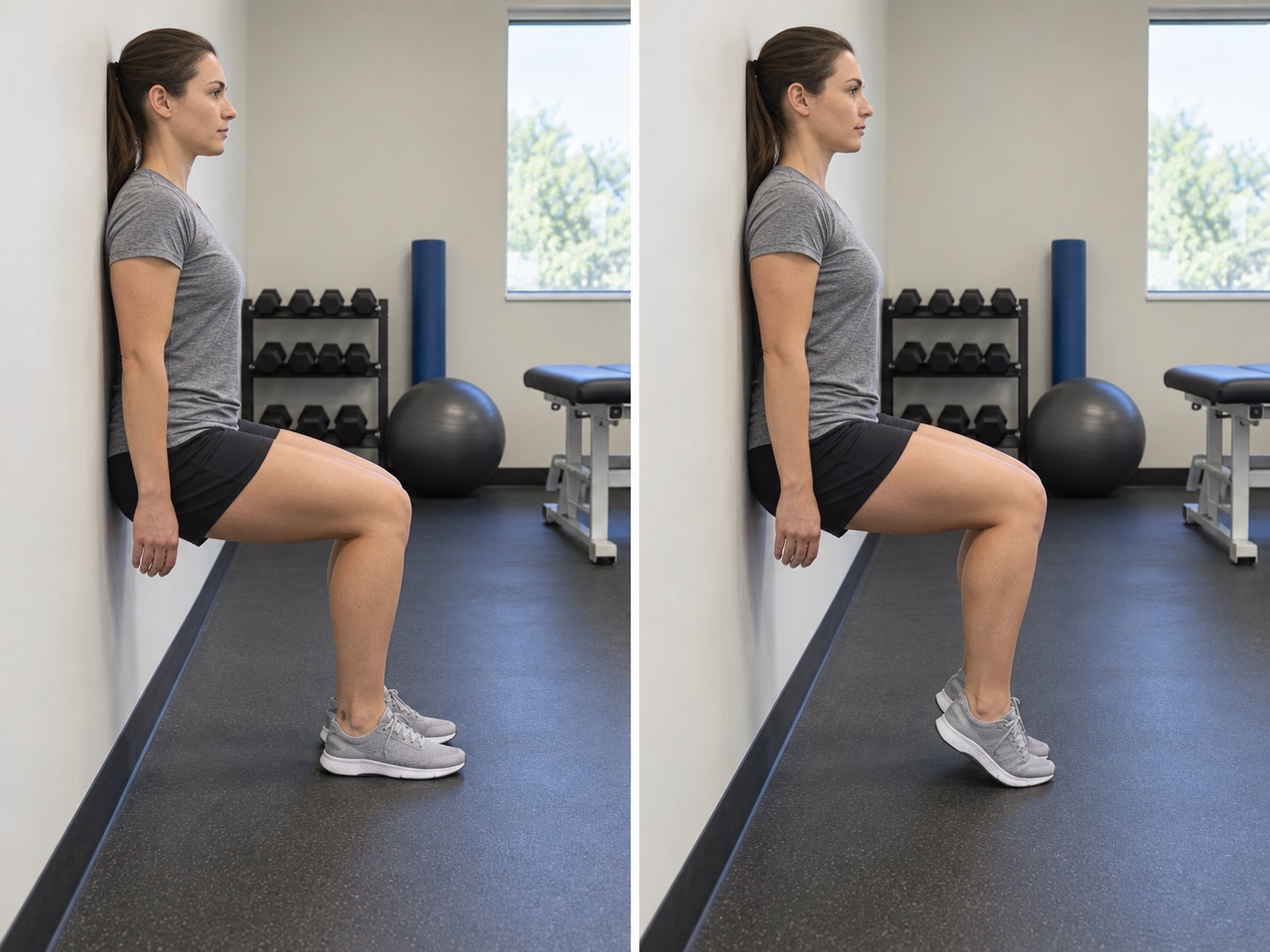 Wall-Sit Soleus Heel Raise: start and finish positions