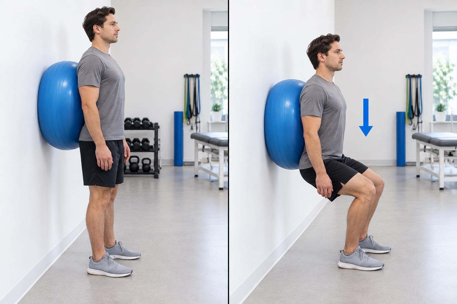 Wall Squat Stability Ball: start and finish positions