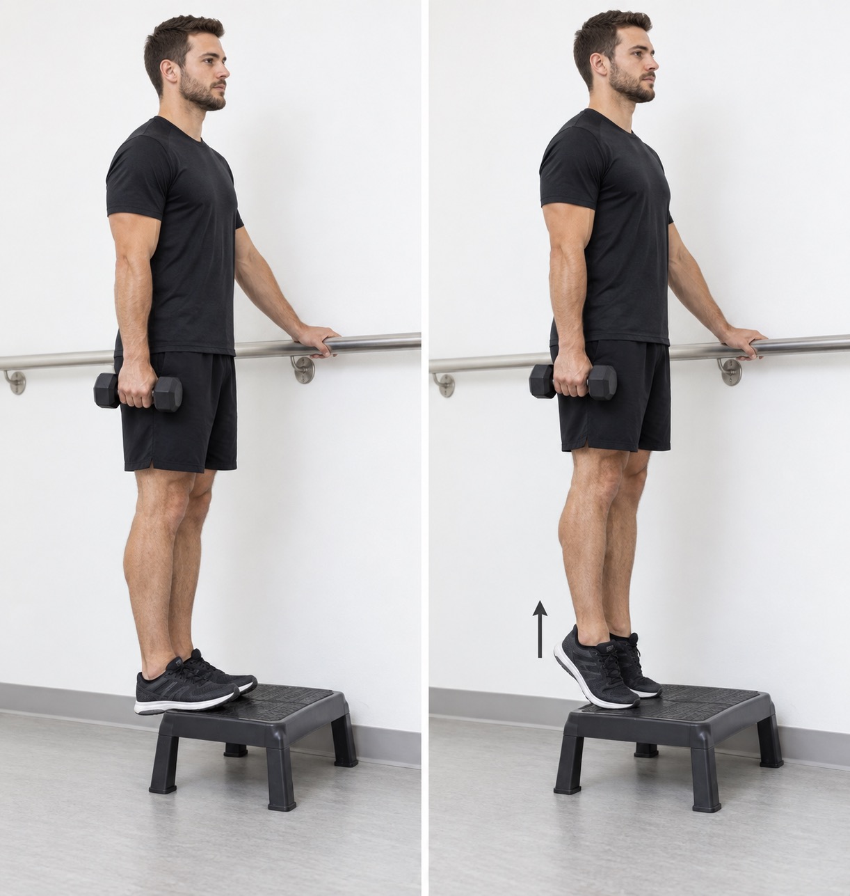 Weighted Heel Raise Off Step: start and finish positions