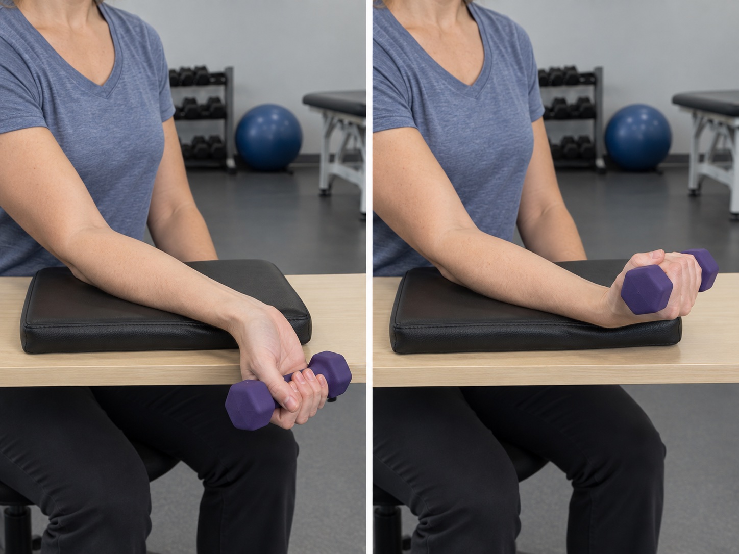 Wrist Flexion Concentric with Dumbbell: start and finish positions